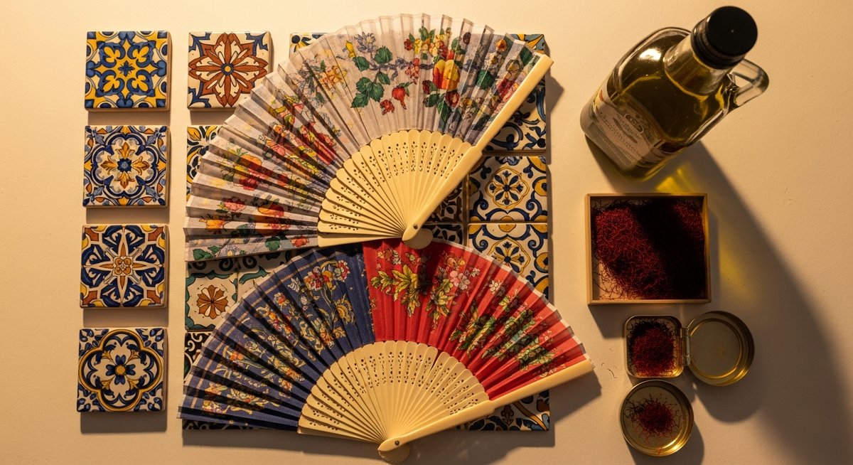 a flatlay of Spanish travel gifts and souvenirs showcasing Spanish shoe brands