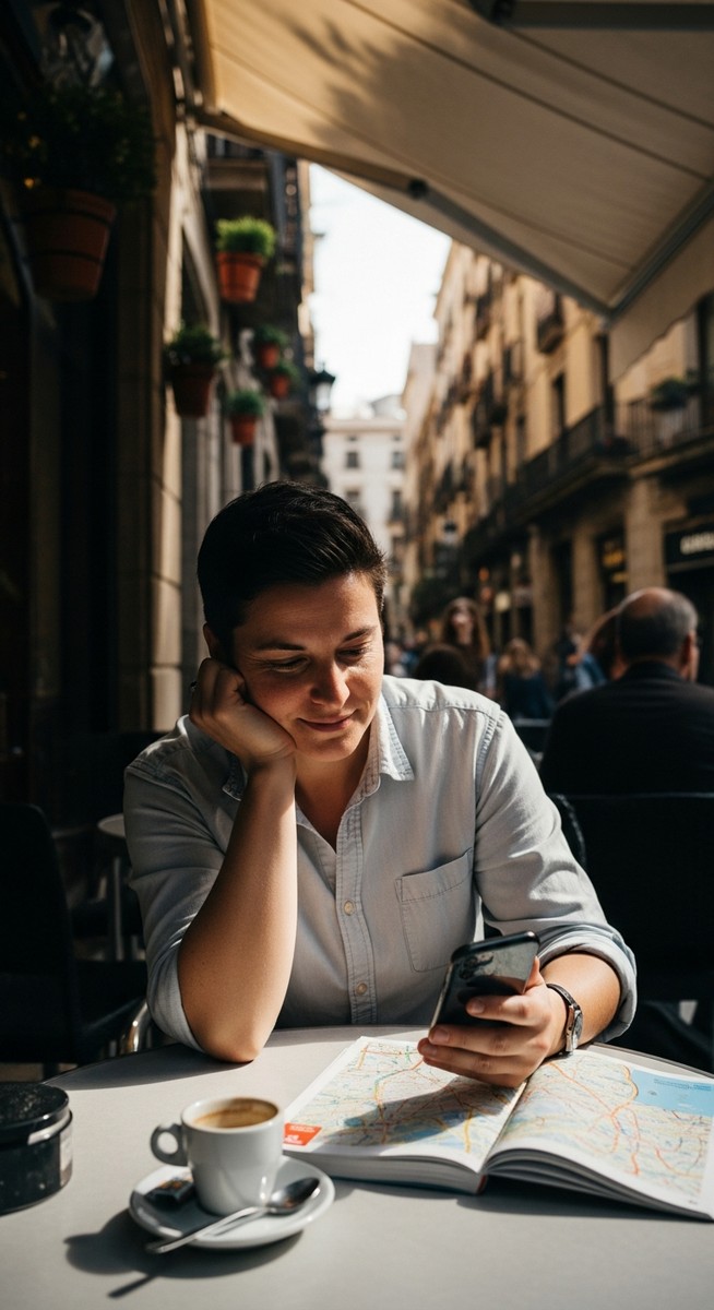 a person at an outdoor cafe in Barcelona with a guidebook