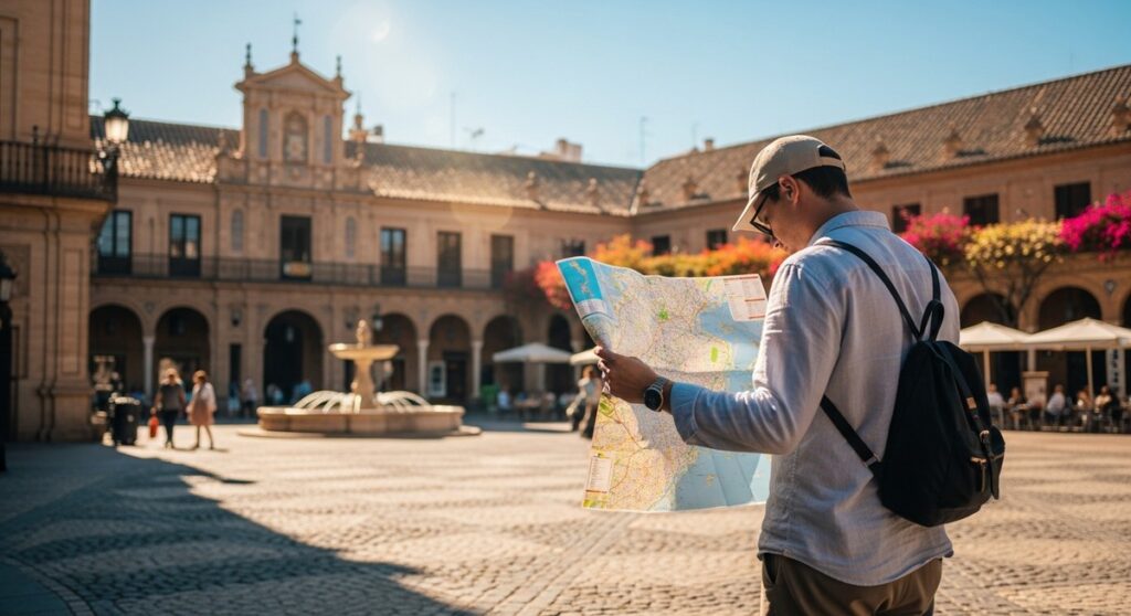 a traveller looking at a map in a sunny Spanish plaza in Barcelona