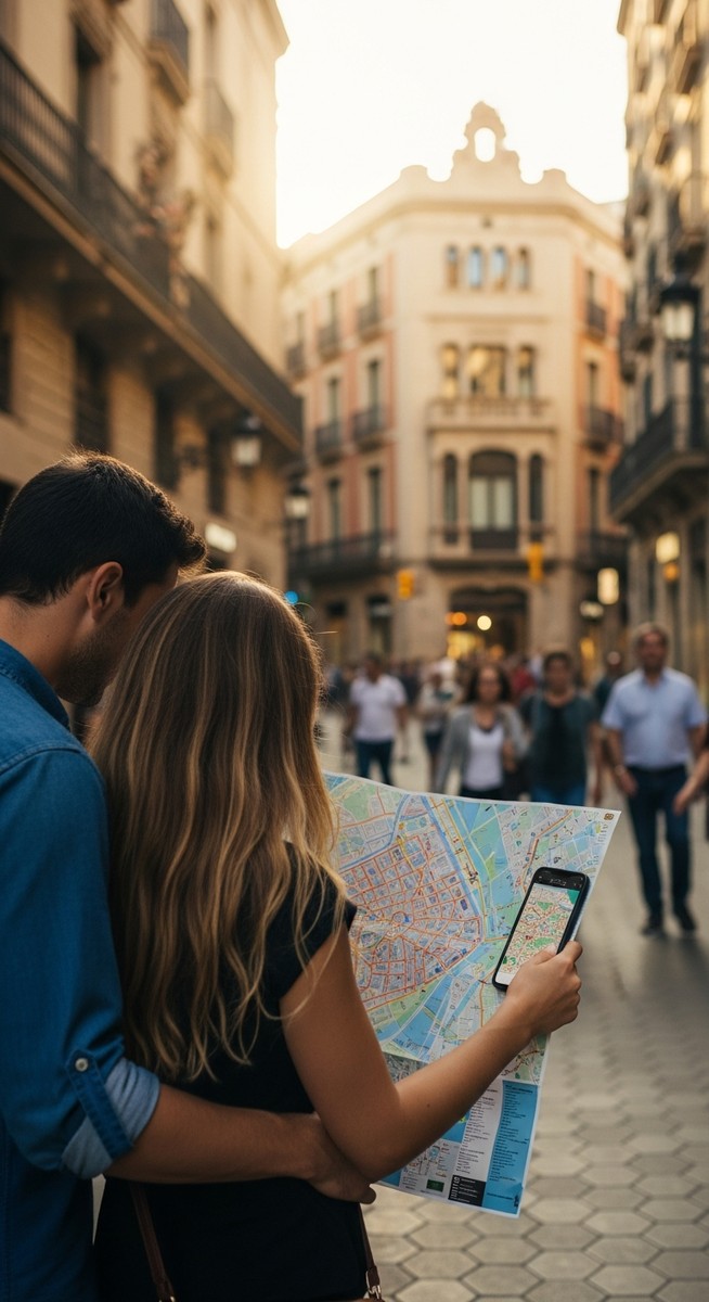 a couple looking at a map together in Barcelona