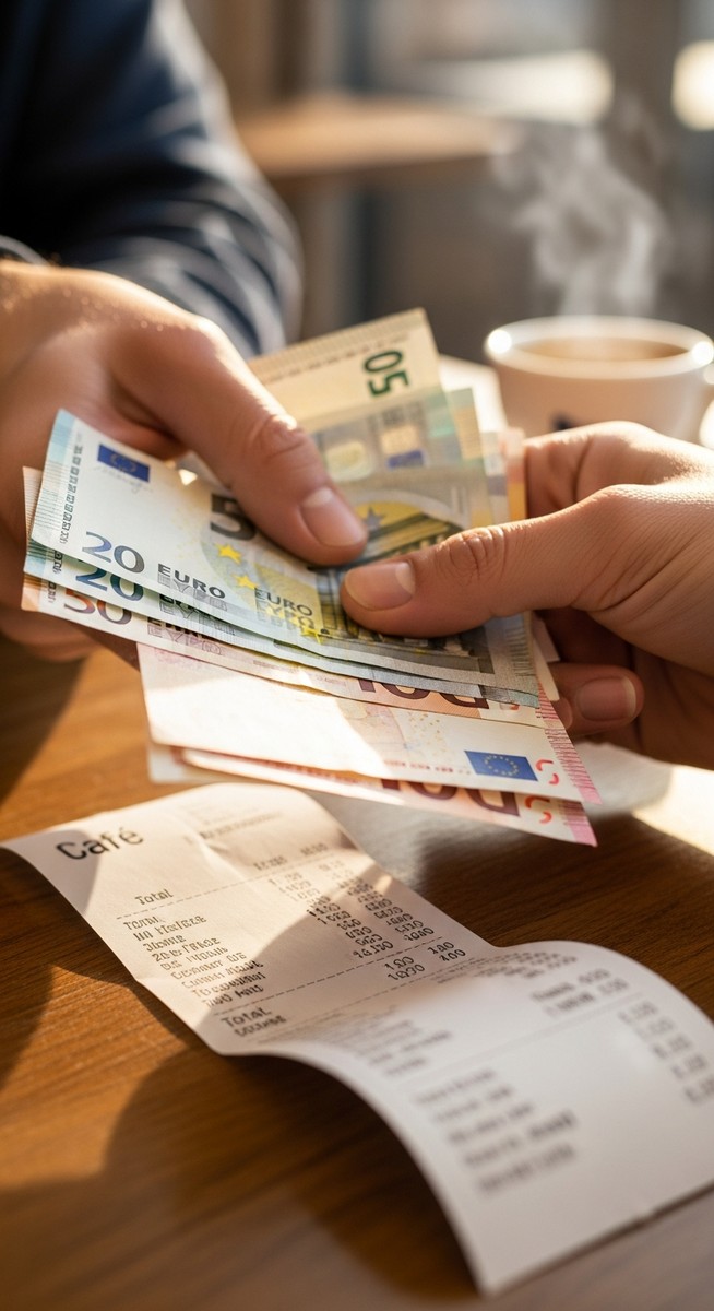 hands holding euro notes next to a cafe receipt in Barcelona