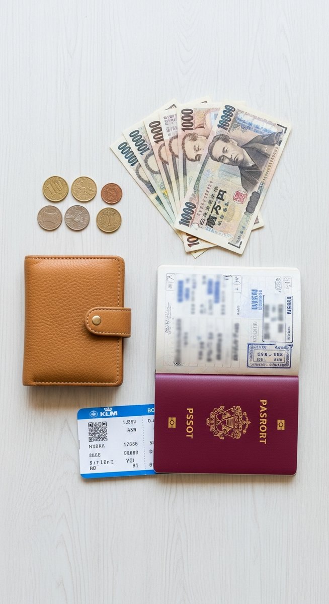 a travel wallet, passport and boarding pass flatlay
