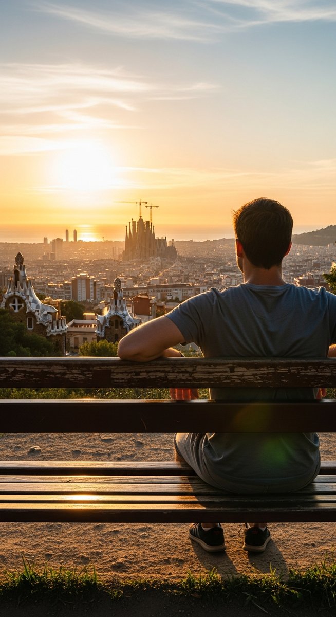 a traveller sitting on a bench in Barcelona