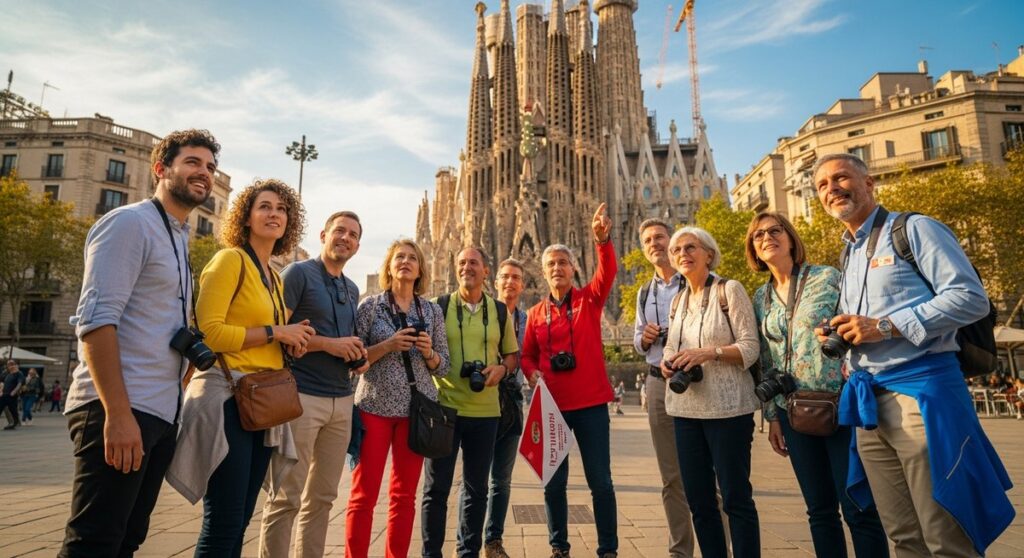 a guided tour group in Barcelona on a team-building activity
