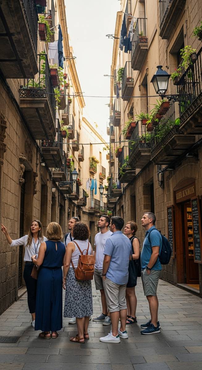 a small group on a walking tour in Barcelona