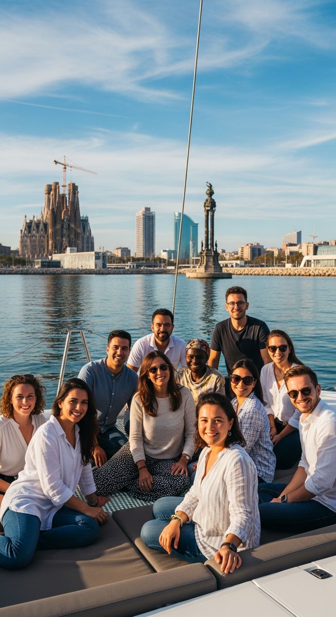 a tour group on a boat in Barcelona harbour on a team-building activity