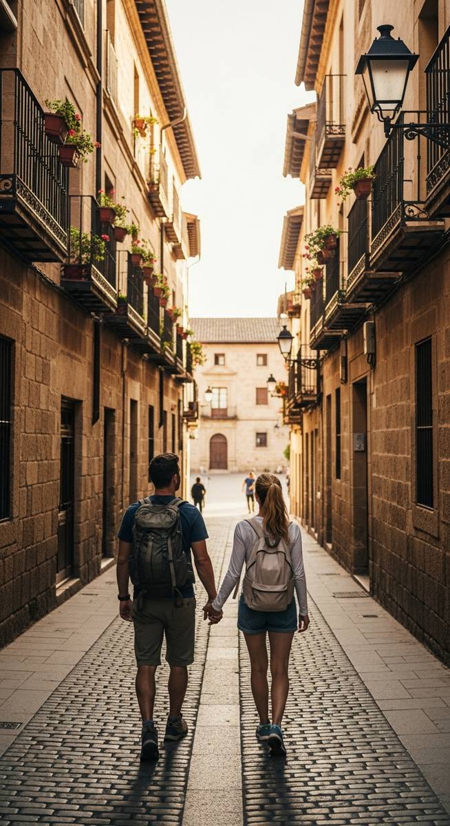a couple walking through an old-town Spanish street with backpacks on a 10-day Spain itinerary