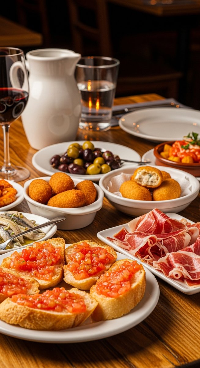 a Spanish tapas spread on a restaurant table on a 10-day Spain itinerary