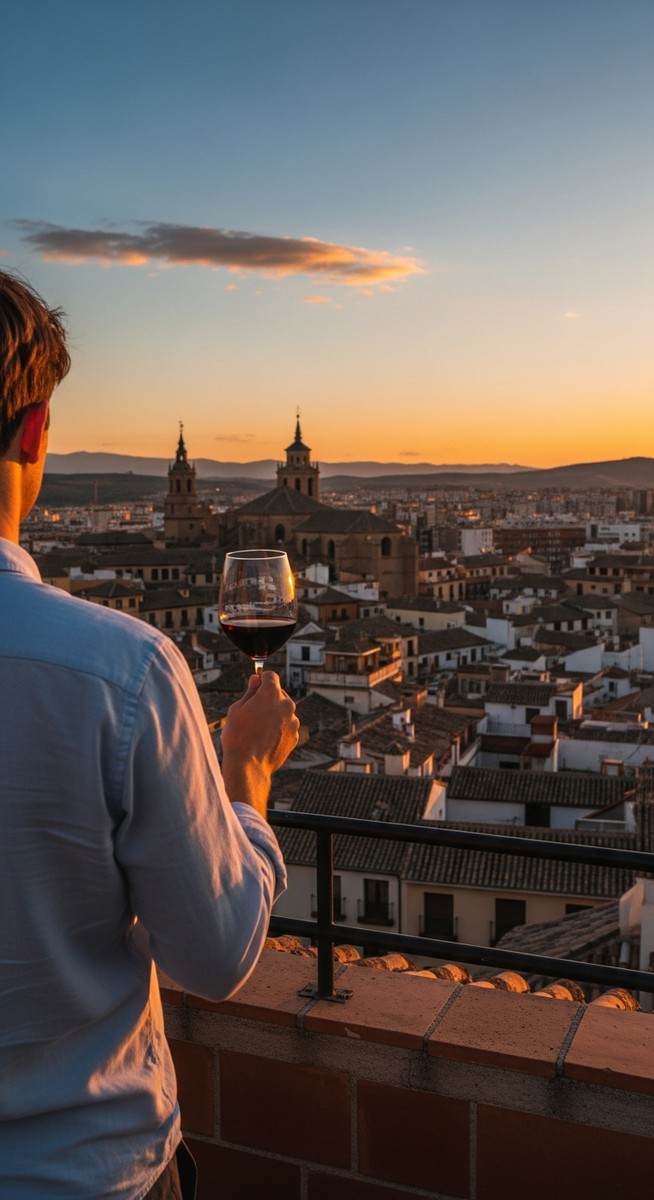 a traveller on a rooftop terrace in Spain at sunset on a 10-day Spain itinerary