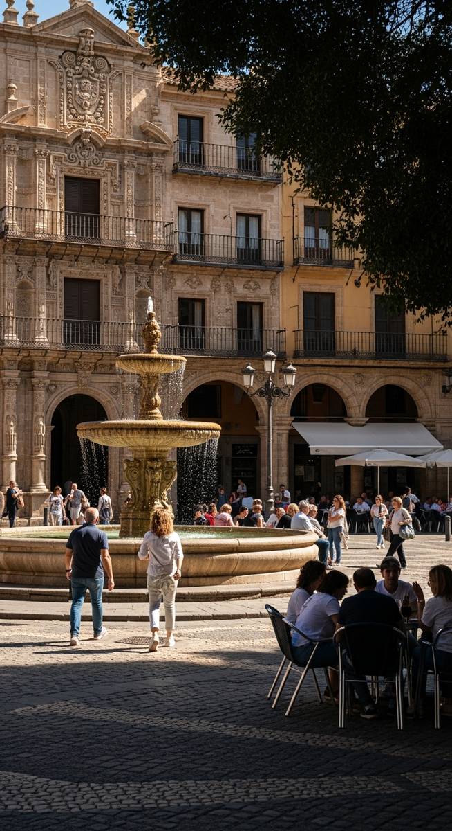 a Spanish plaza at midday with ornate architecture