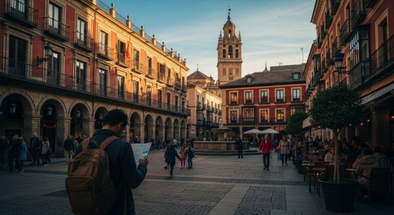 a traveller looking at a map in a Spanish city plaza on a 10-day Spain itinerary