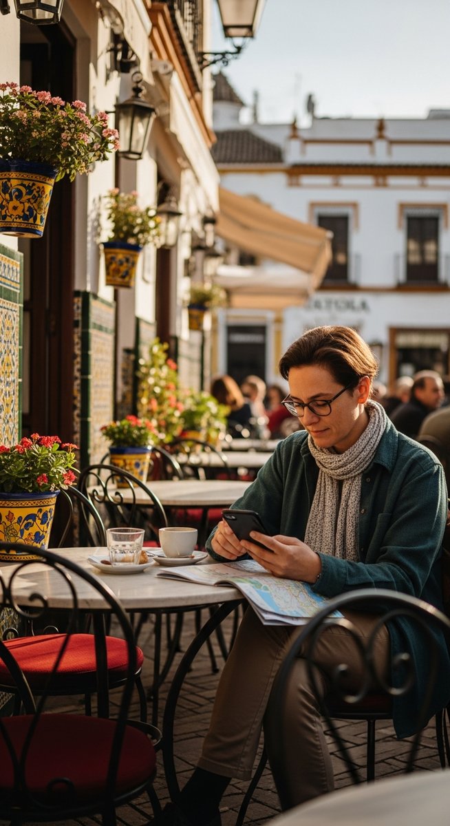 a person at an outdoor cafe in Seville with a guidebook