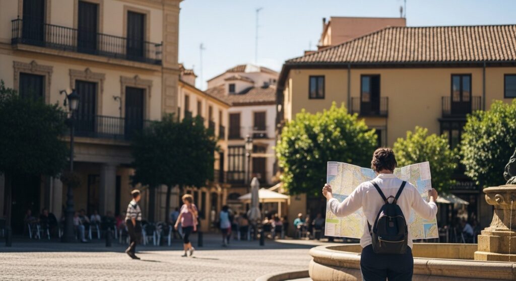 a traveller looking at a map in a sunny Spanish plaza as a mistake to avoid