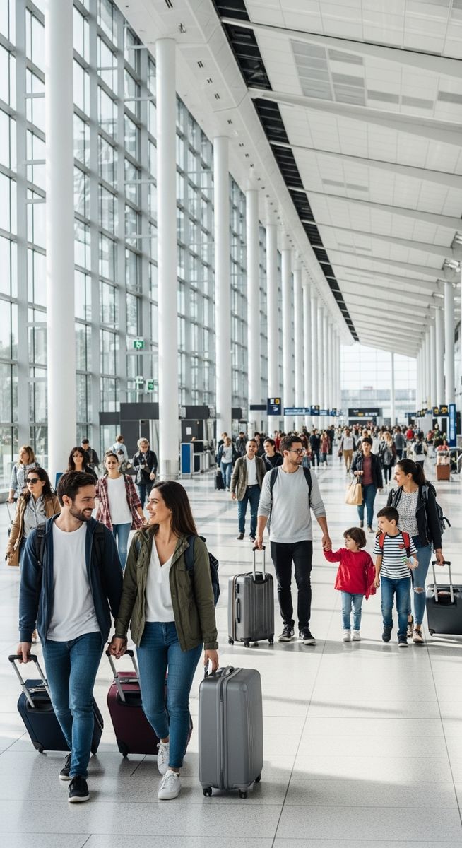 a Spanish airport with travellers