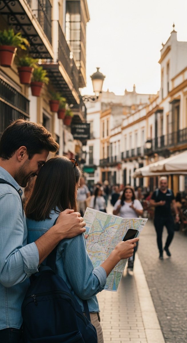 a couple looking at a map together in Seville