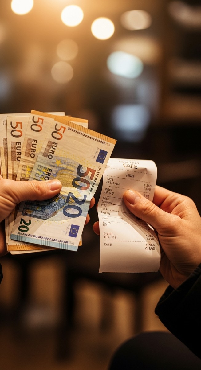 hands holding euro notes next to a cafe receipt as a mistake to avoid