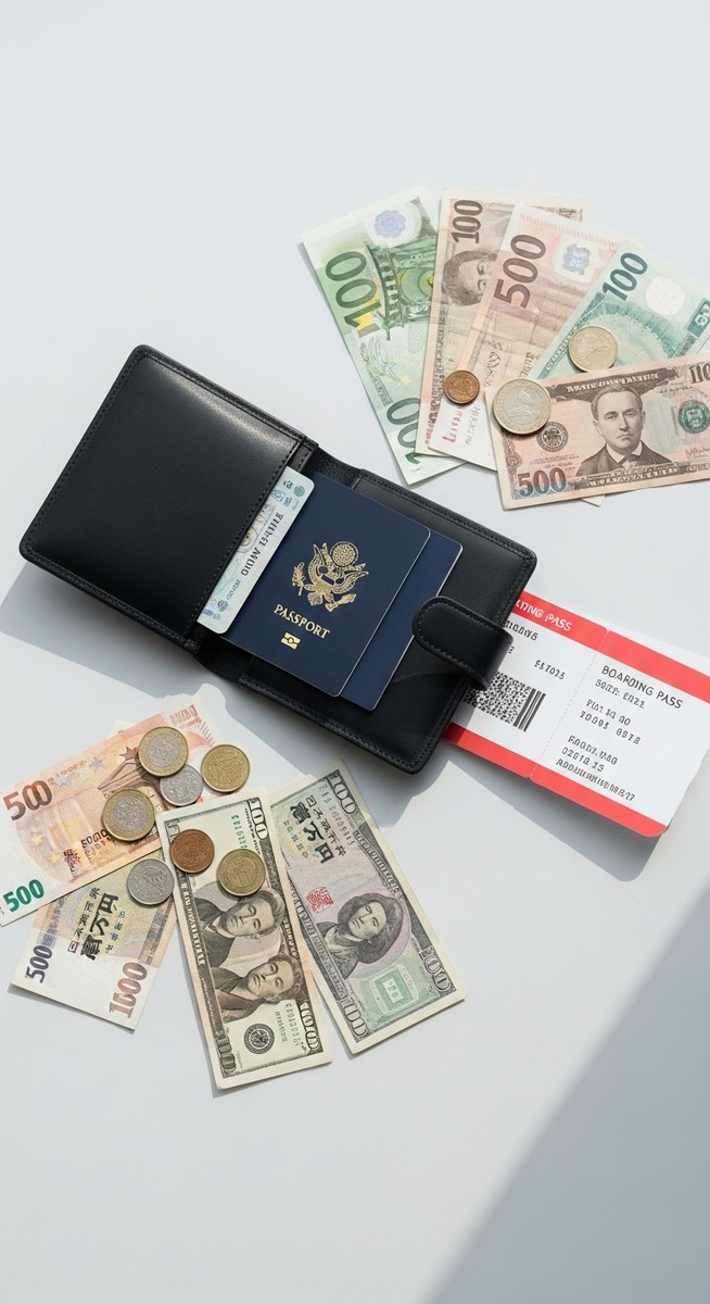 a travel wallet, passport and boarding pass flatlay