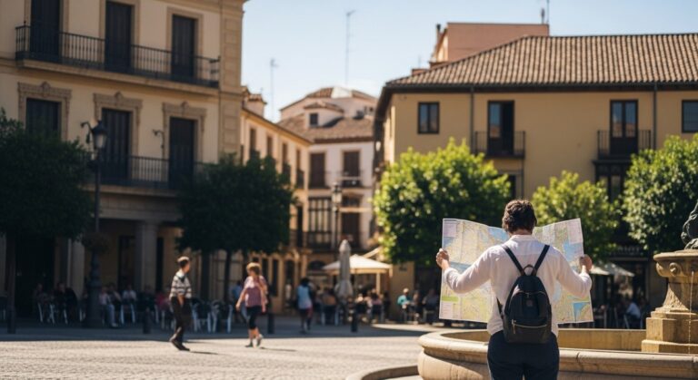 a traveller looking at a map in a sunny Spanish plaza as a mistake to avoid