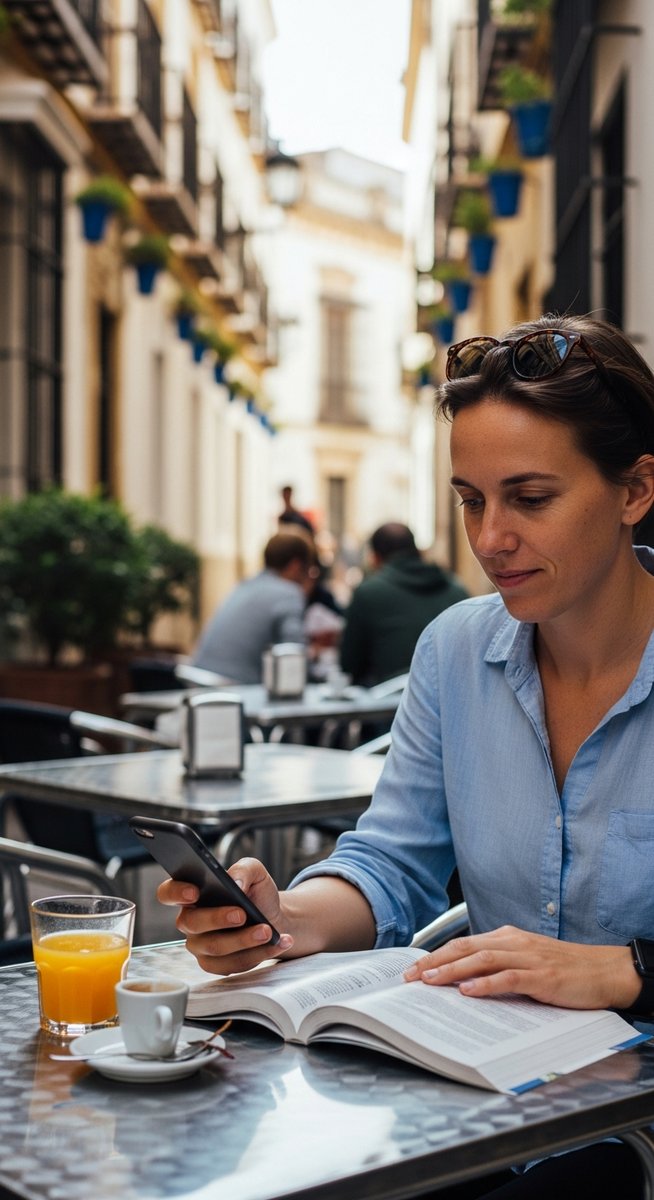 a person at an outdoor cafe in Seville with a guidebook