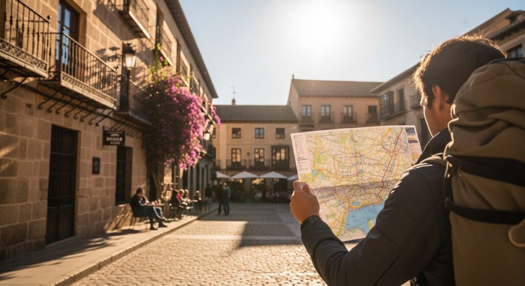 a traveller looking at a map in a sunny Spanish plaza