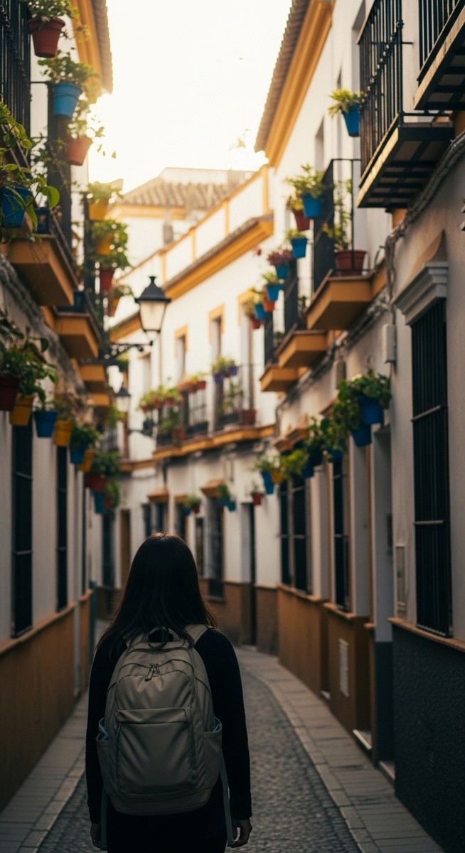 a woman exploring a Seville neighbourhood solo as a travel tip
