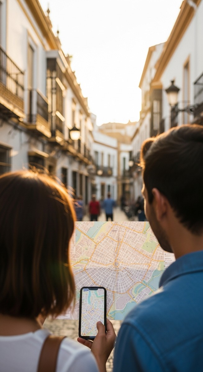 a couple looking at a map together in Seville
