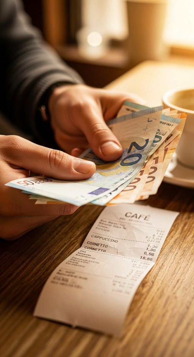 hands holding euro notes next to a cafe receipt as a travel tip
