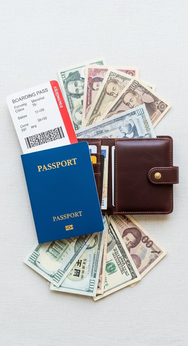 a travel wallet, passport and boarding pass flatlay