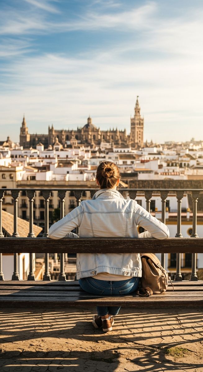 a traveller sitting on a bench in Seville