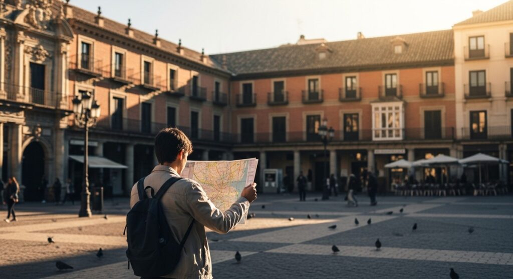 a traveller looking at a map in a Spanish city plaza on a three-day Barcelona itinerary