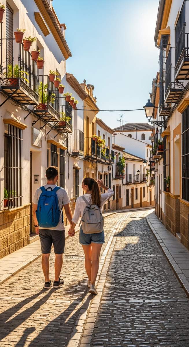 a couple walking through an old-town Spanish street with backpacks on a three-day Barcelona itinerary