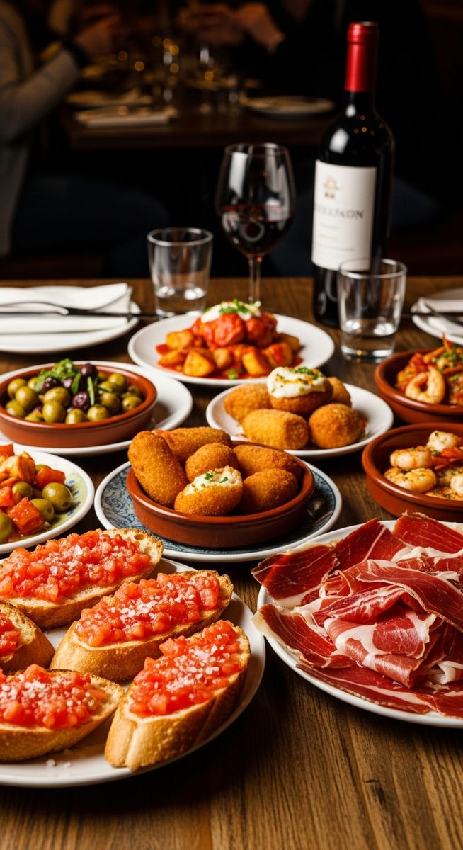 a Spanish tapas spread on a restaurant table on a three-day Barcelona itinerary
