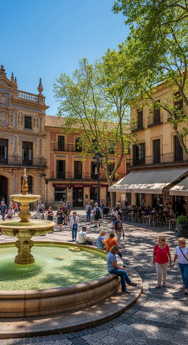a Spanish plaza at midday with ornate architecture