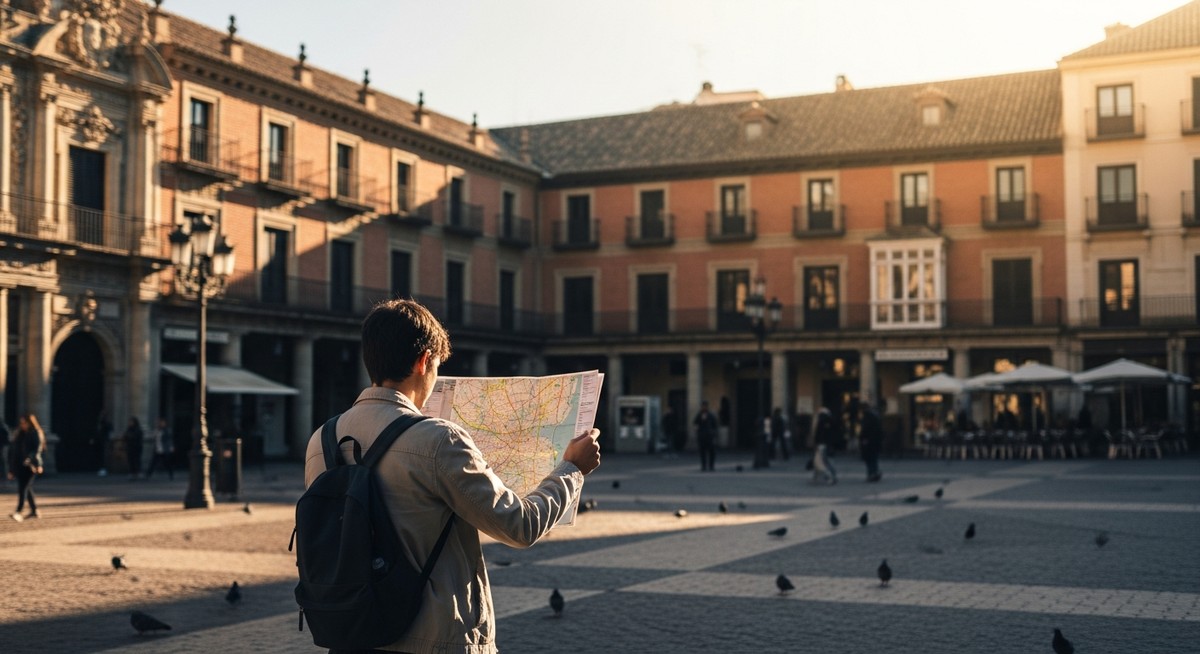 a traveller looking at a map in a Spanish city plaza on a three-day Barcelona itinerary