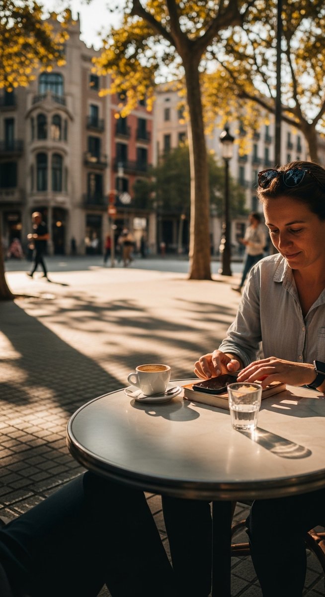 a person at an outdoor cafe in Barcelona with a guidebook