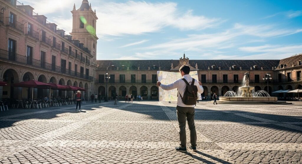 a traveller looking at a map in a sunny Spanish plaza in Barcelona