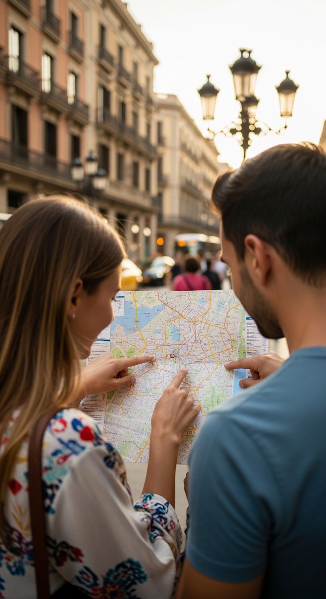 a couple looking at a map together in Barcelona