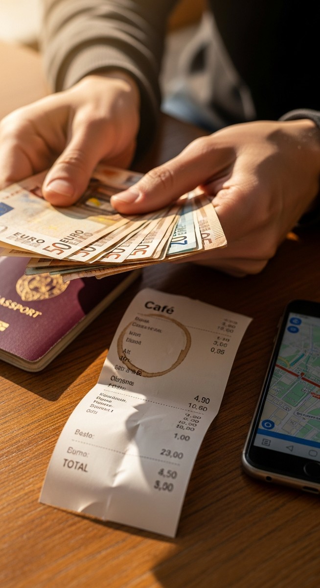 hands holding euro notes next to a cafe receipt in Barcelona