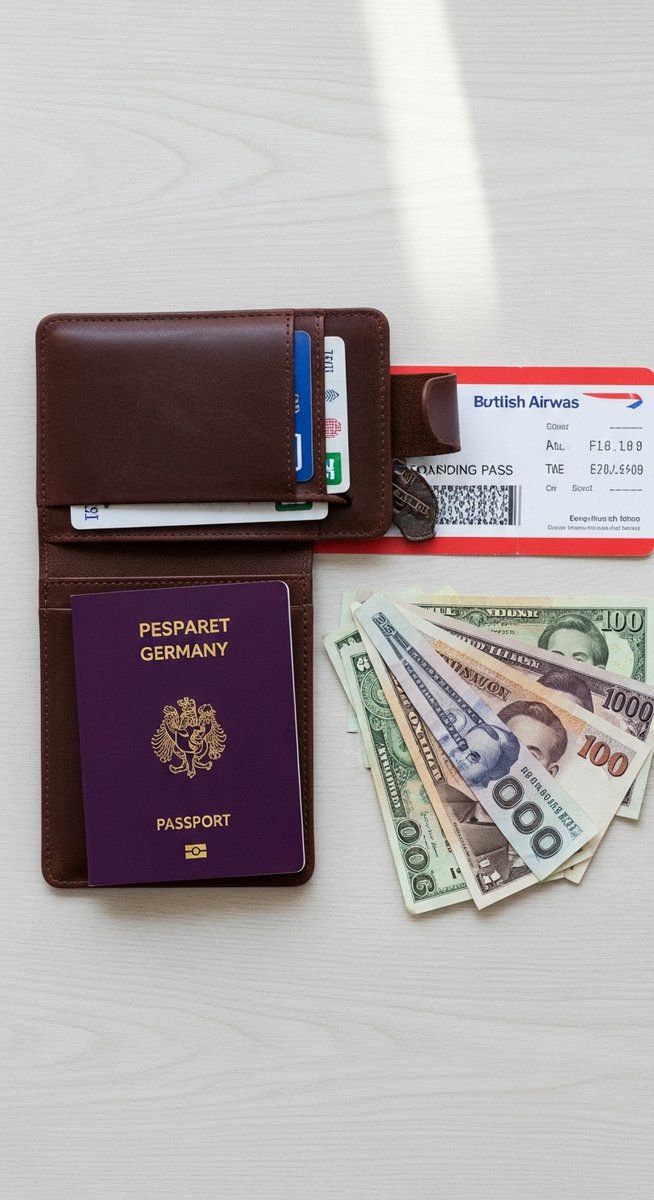 a travel wallet, passport and boarding pass flatlay