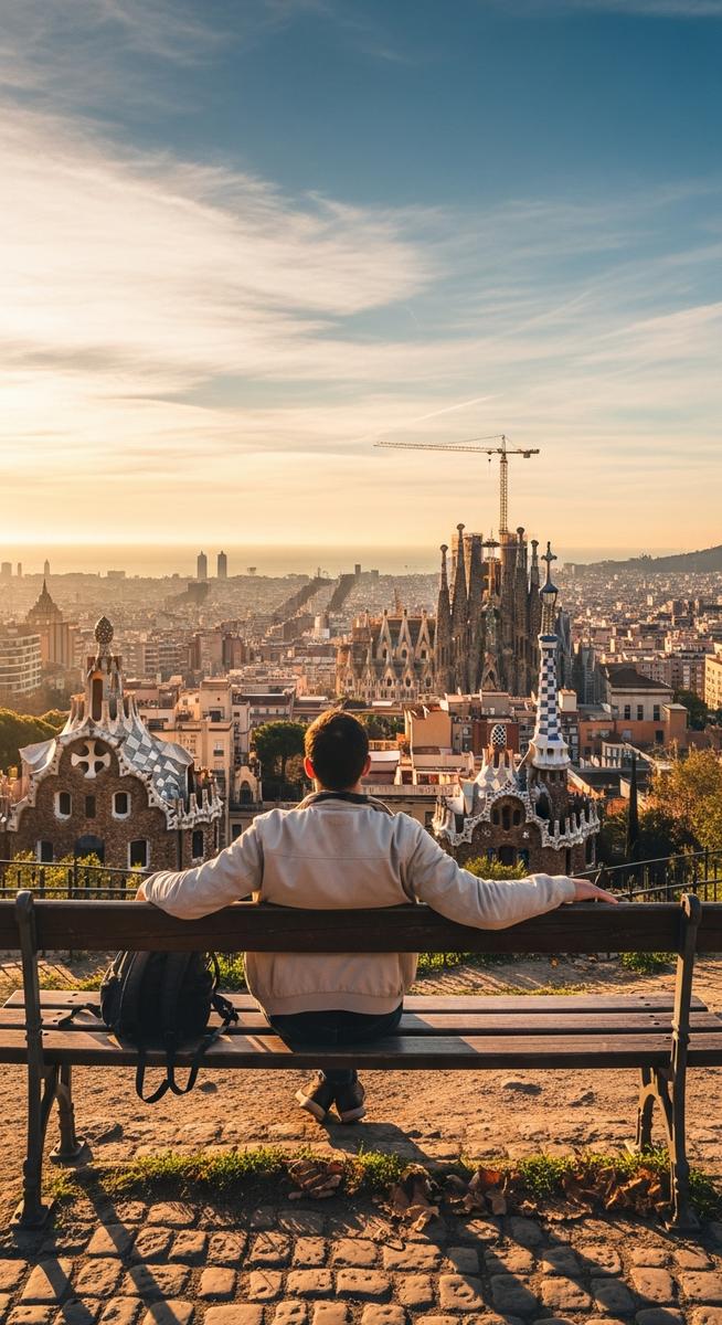 a traveller sitting on a bench in Barcelona