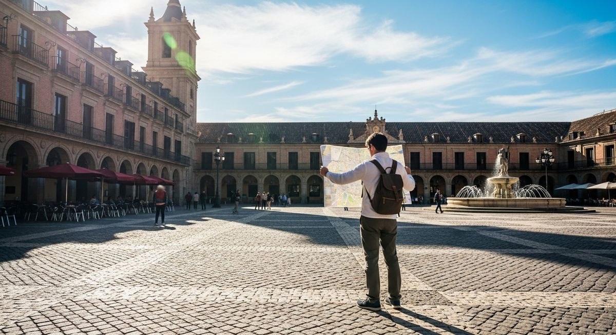 a traveller looking at a map in a sunny Spanish plaza in Barcelona