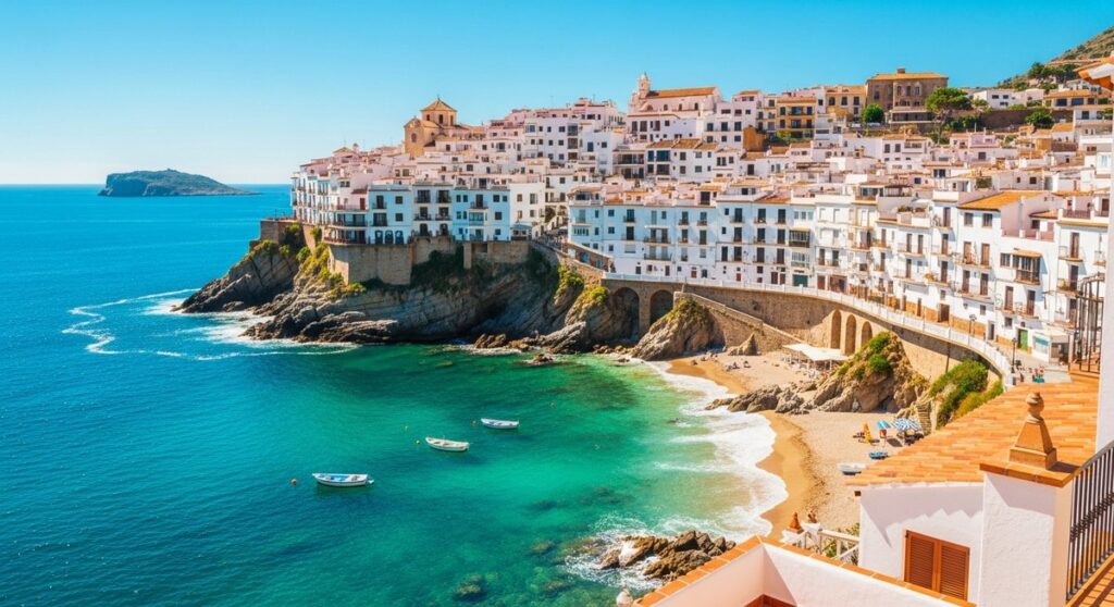 a scenic Spanish coastal town with white buildings and turquoise sea on a day trip from Barcelona