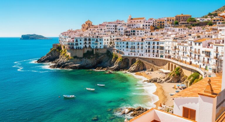 a scenic Spanish coastal town with white buildings and turquoise sea on a day trip from Barcelona