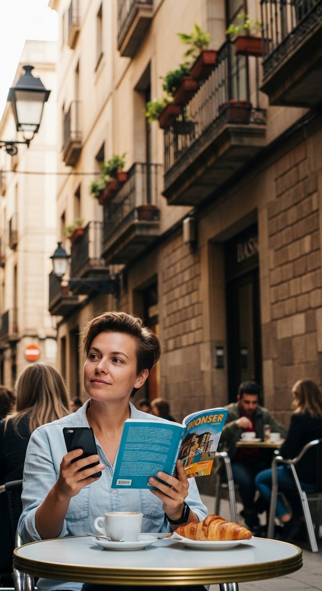 a person at an outdoor cafe in Barcelona with a guidebook
