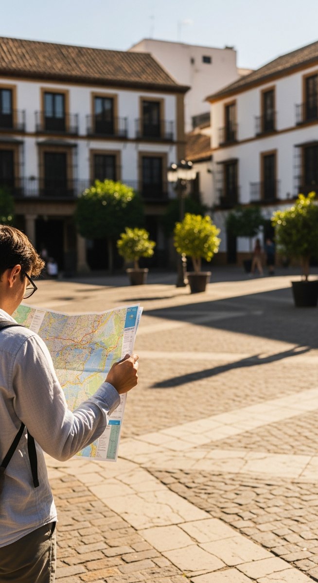 a traveller looking at a map in a sunny Spanish plaza in Barcelona
