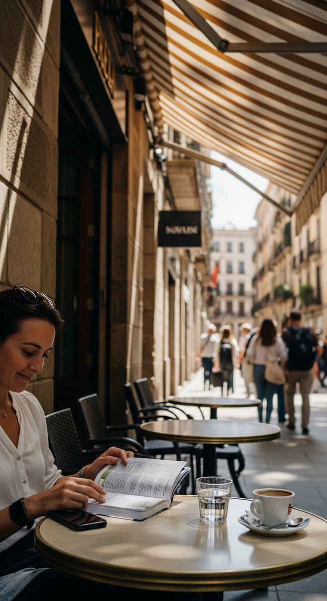 a person at an outdoor cafe in Barcelona with a guidebook