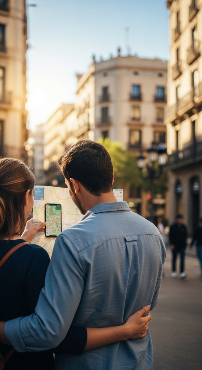a couple looking at a map together in Barcelona