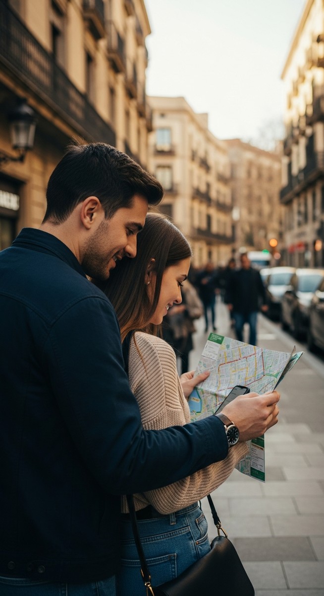 a couple looking at a map together in Barcelona