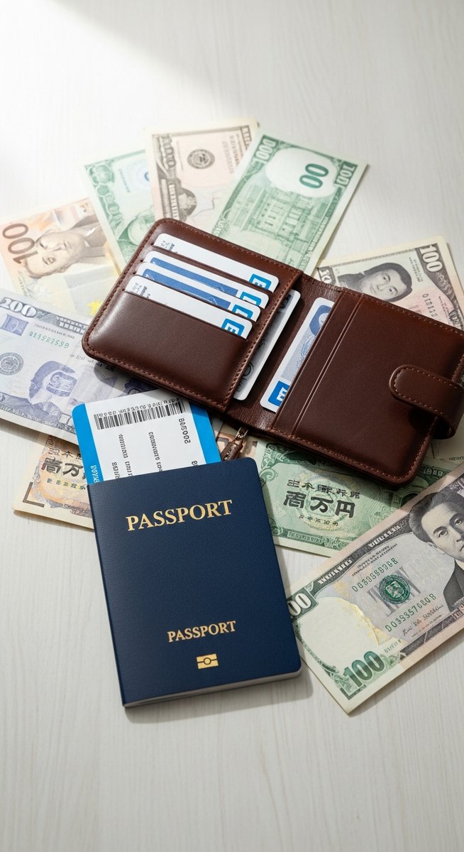 a travel wallet, passport and boarding pass flatlay