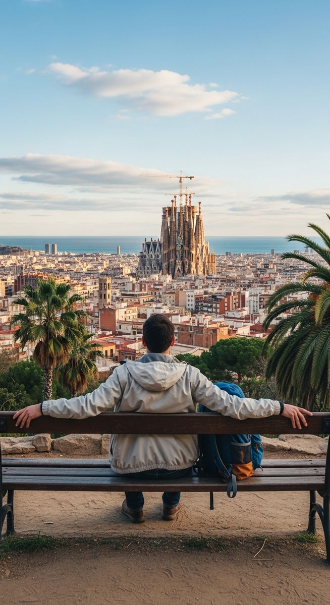 a traveller sitting on a bench in Barcelona